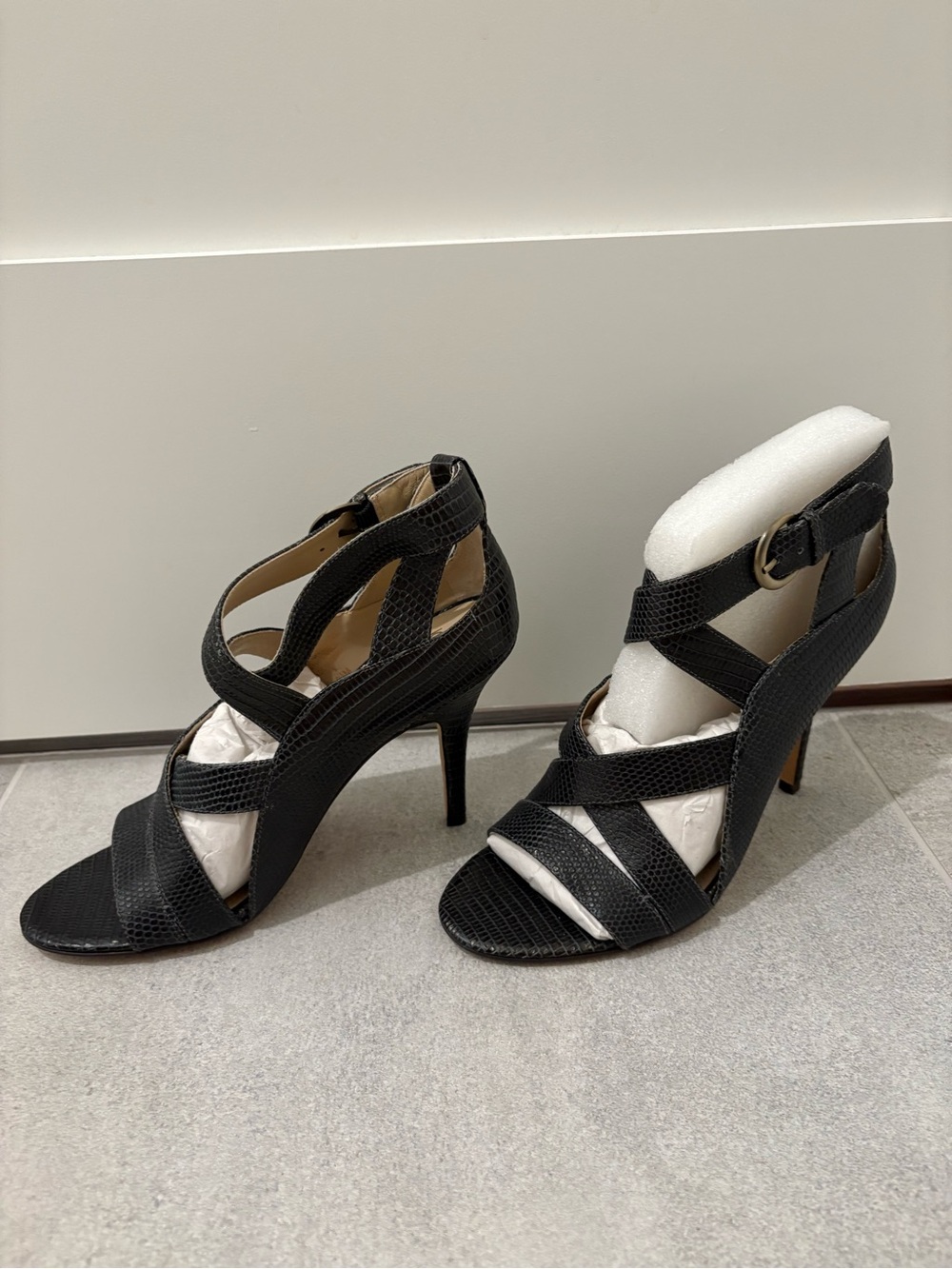 Joan & David Black Strappy Snake-Texture High Heels